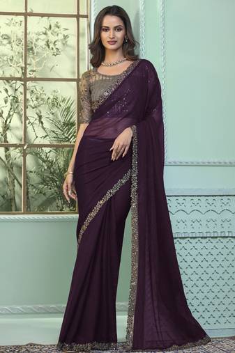 Dark purple embroidered chiffon wedding party wear saree with heavy work blouse