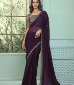 Dark purple embroidered chiffon wedding party wear saree with heavy work blouse