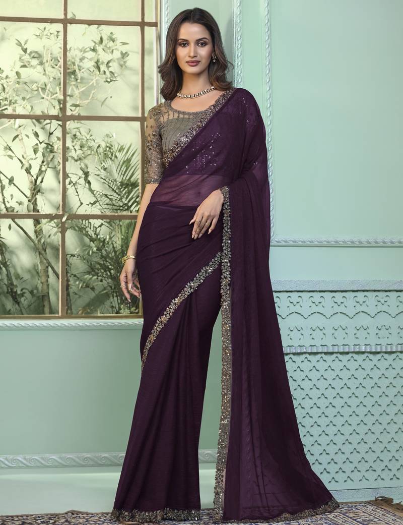 Dark purple embroidered chiffon wedding party wear saree with heavy work blouse
