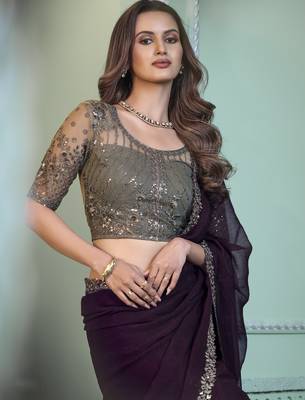 Dark purple embroidered chiffon wedding party wear saree with heavy work blouse 2