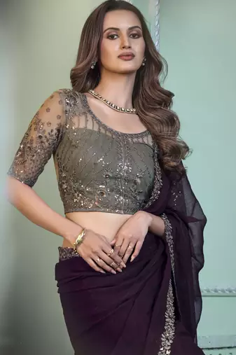 Dark purple embroidered chiffon wedding party wear saree with heavy work blouse