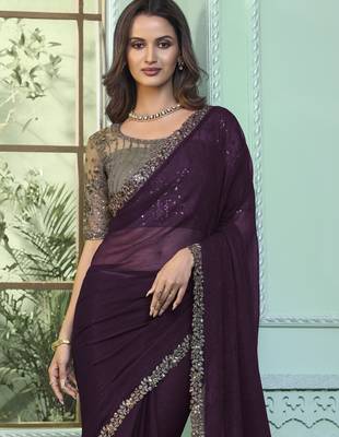 Dark purple embroidered chiffon wedding party wear saree with heavy work blouse 3