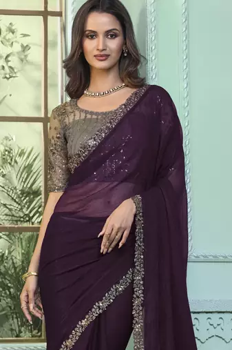 Dark purple embroidered chiffon wedding party wear saree with heavy work blouse
