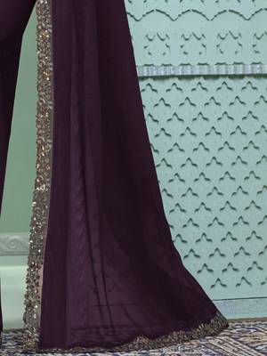 Dark purple embroidered chiffon wedding party wear saree with heavy work blouse 4