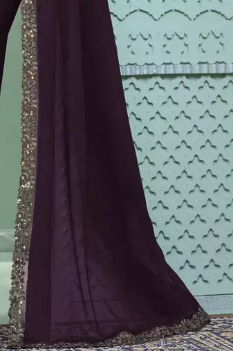 Dark purple embroidered chiffon wedding party wear saree with heavy work blouse