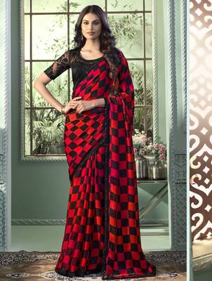 Red black embroidered chiffon wedding party wear saree with heavy work blouse 1