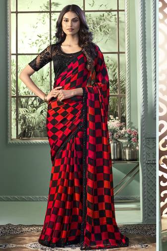 Red black embroidered chiffon wedding party wear saree with heavy work blouse