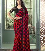 Red black embroidered chiffon wedding party wear saree with heavy work blouse