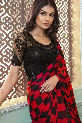 Red black embroidered chiffon wedding party wear saree with heavy work blouse