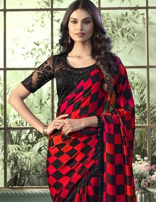 Red black embroidered chiffon wedding party wear saree with heavy work blouse 3