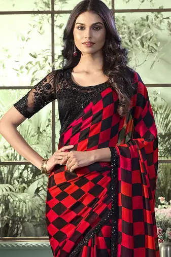 Red black embroidered chiffon wedding party wear saree with heavy work blouse