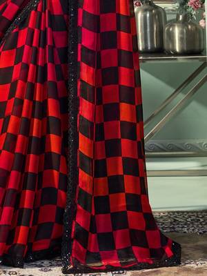 Red black embroidered chiffon wedding party wear saree with heavy work blouse 4