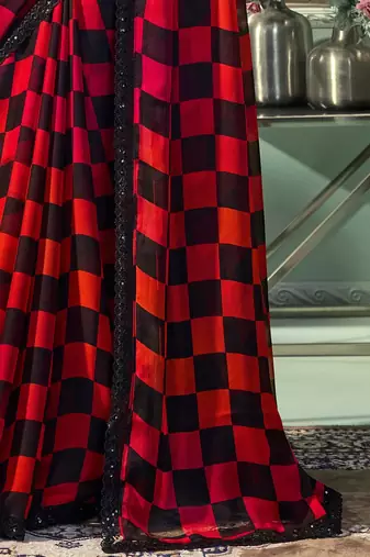Red black embroidered chiffon wedding party wear saree with heavy work blouse