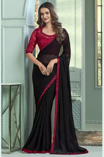 Black embroidered chiffon wedding party wear saree with heavy work blouse