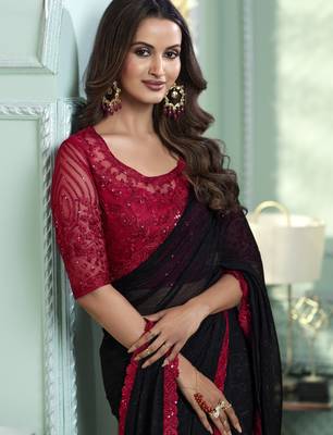 Black embroidered chiffon wedding party wear saree with heavy work blouse 2
