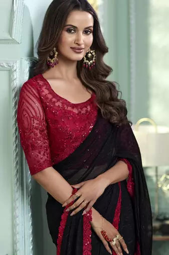 Black embroidered chiffon wedding party wear saree with heavy work blouse