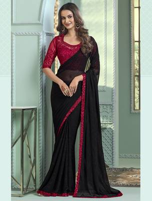 Black embroidered chiffon wedding party wear saree with heavy work blouse 4