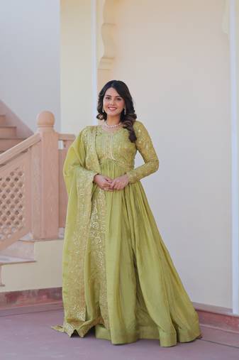 Green Gold-Crush gown and  duptta with Sequins & Multi Embroidered work