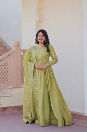 Green Gold-Crush gown and  duptta with Sequins & Multi Embroidered work