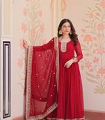 Maroon Faux Georgette kurti and duptta with Zari & Sequins Embroidered work