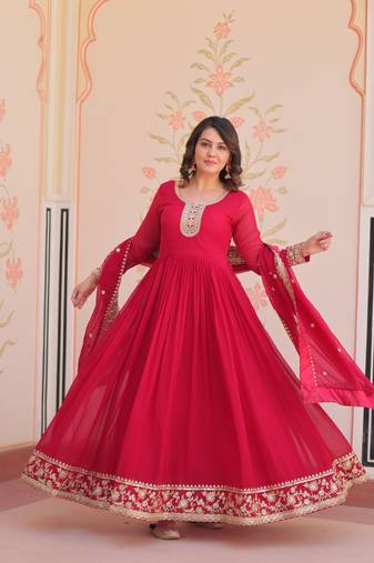 Pink  Faux Georgette Kurti And Duptta With Zari & Sequins Embroidered Work