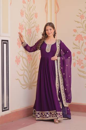 Purple Faux Georgette Kurti And Duptta With Zari & Sequins Embroidered Work