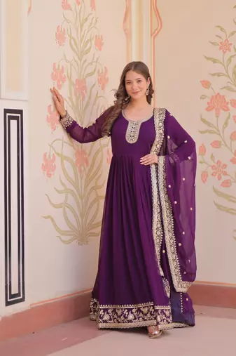 Purple Faux Georgette Kurti And Duptta With Zari & Sequins Embroidered Work