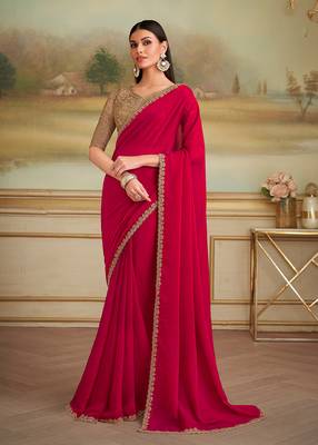 Red shining faux georgette embroidered border saree 1