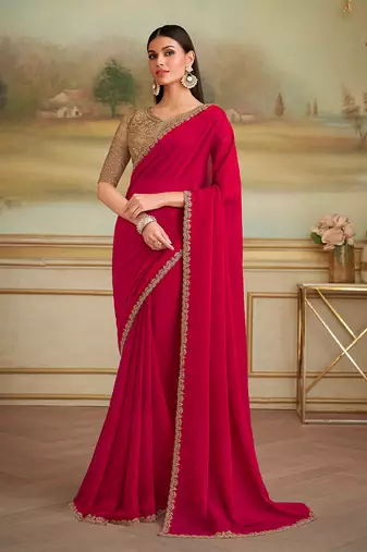 Red shining faux georgette embroidered border party trendy saree