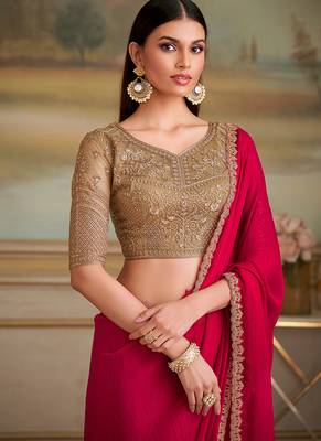 Red shining faux georgette embroidered border saree 2