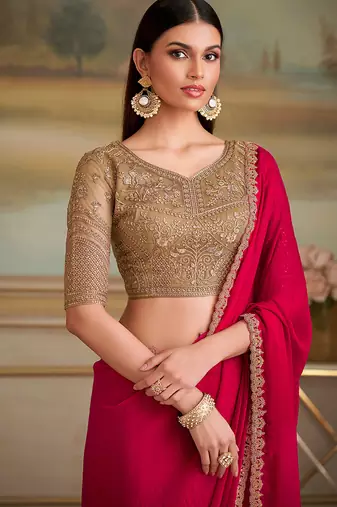 Red shining faux georgette embroidered border saree