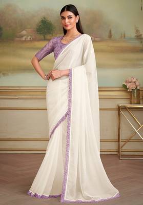 White sparkle faux georgette embroidered border saree 1