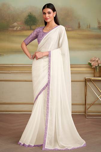 White sparkle faux georgette embroidered border party trendy saree