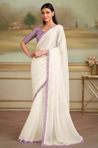 White sparkle faux georgette embroidered border party trendy saree