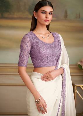 White sparkle faux georgette embroidered border saree 2