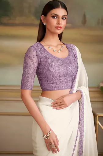 White sparkle faux georgette embroidered border saree
