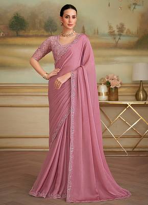 Onion pink sparkle faux georgette embroidered border saree 1