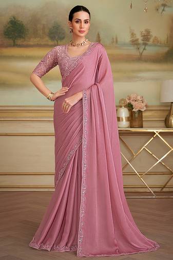 Onion pink sparkle faux georgette embroidered border party trendy saree