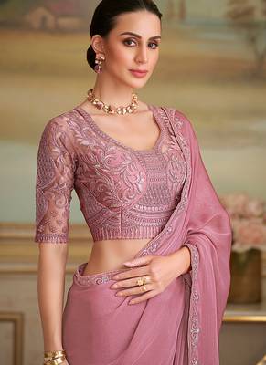 Onion pink sparkle faux georgette embroidered border saree 2