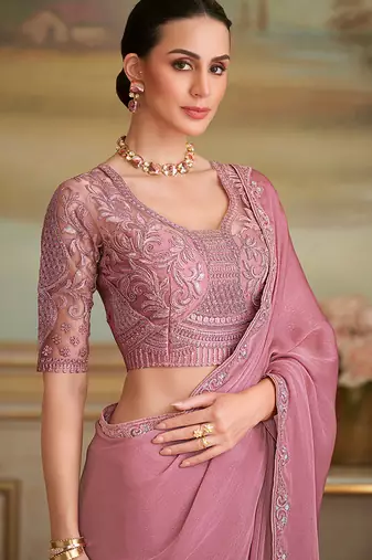 Onion pink sparkle faux georgette embroidered border saree