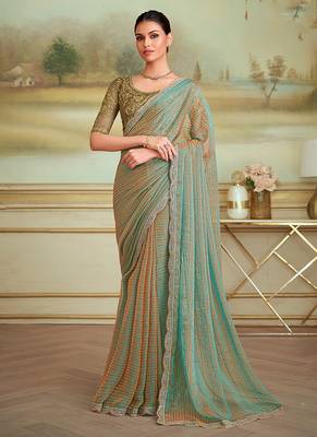 Sky blue faux georgette embroidered border saree 1