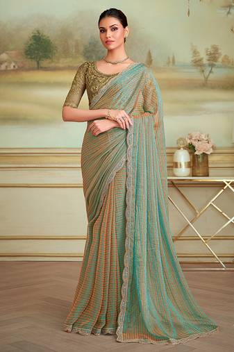 Sky blue blossom faux georgette embroidered border party trendy saree