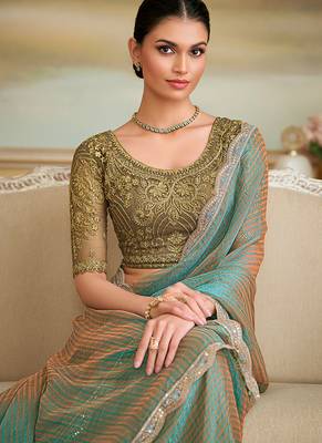 Sky blue faux georgette embroidered border saree 2
