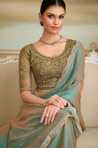 Sky blue faux georgette embroidered border saree