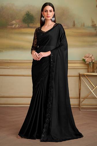 Black faux satin chiffon embroidered border party trendy saree
