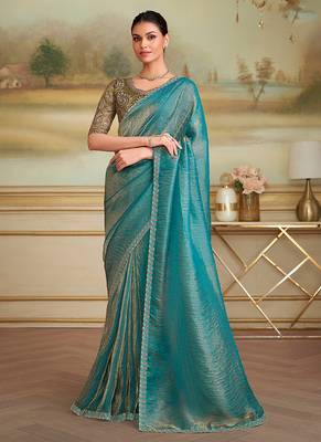 Aqua blue checks faux georgette embroidered border saree 1