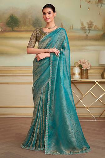 Aqua blue checks faux georgette embroidered border party trendy saree
