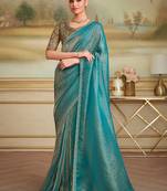 Aqua blue checks faux georgette embroidered border saree