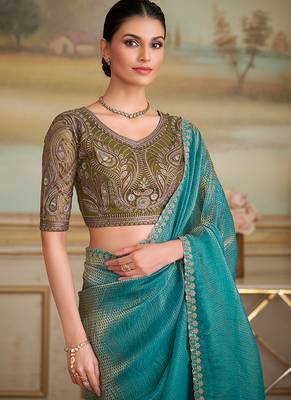Aqua blue checks faux georgette embroidered border saree 2
