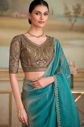 Aqua blue checks faux georgette embroidered border saree